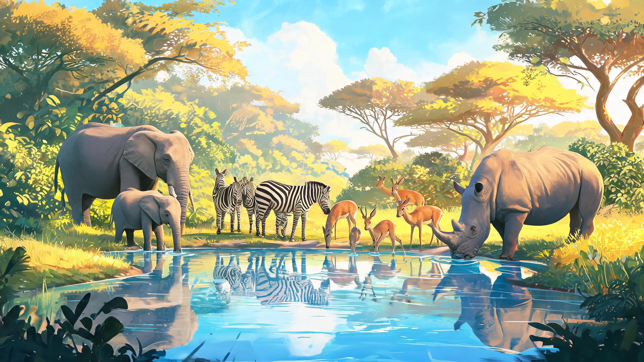 Animal roster gathered at a waterhole in Planet Zoo 2